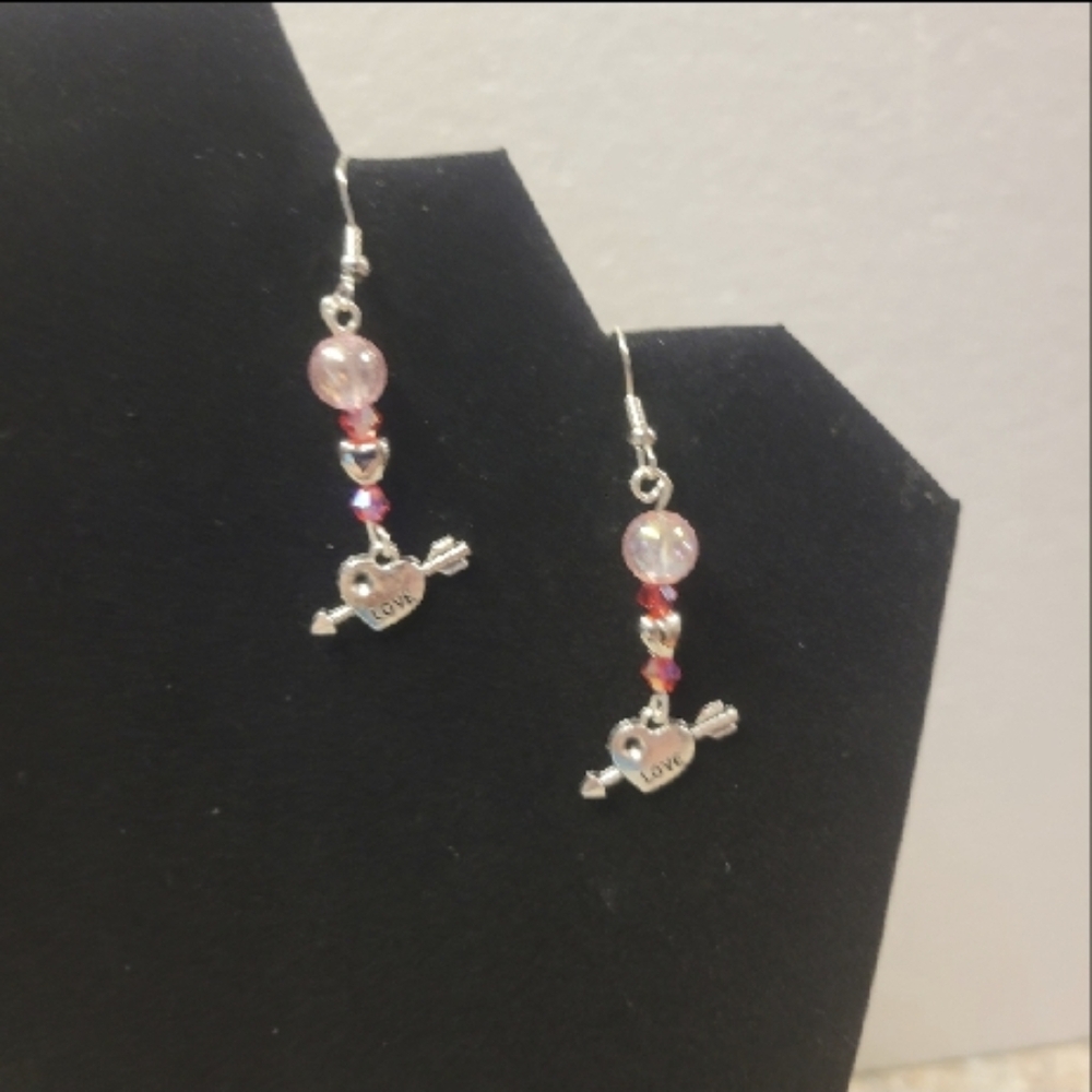 Silver Love Heart and Arrow Pink Beaded Earrings